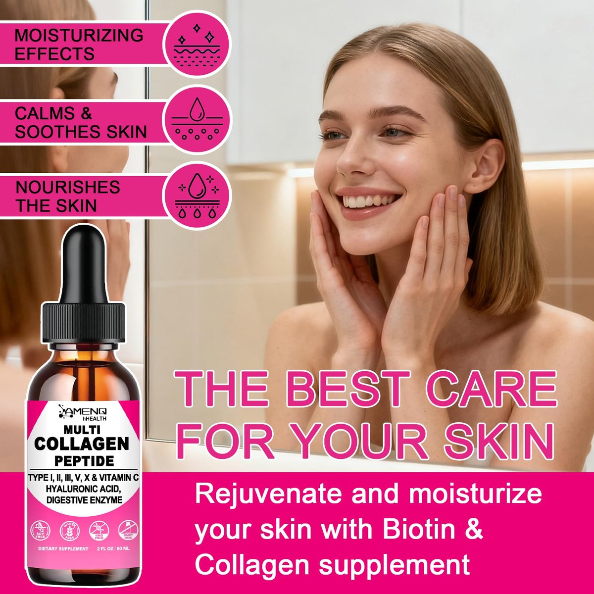 Multi-Kollagen-Peptid-Liquid-Tropfen für Frauen & Männer, Hydrolysierte Kollagenpeptide Typ (I, II, III, V, X) Proteinkomplex mit Hyaluronsäure, Biotin & Vitamin C, Unterstützt Haut, Haare, Gelenke & Darmgesundheit