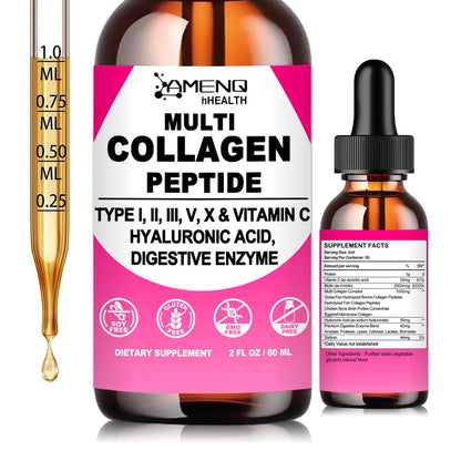 Multi-Kollagen-Peptid-Liquid-Tropfen für Frauen & Männer, Hydrolysierte Kollagenpeptide Typ (I, II, III, V, X) Proteinkomplex mit Hyaluronsäure, Biotin & Vitamin C, Unterstützt Haut, Haare, Gelenke & Darmgesundheit