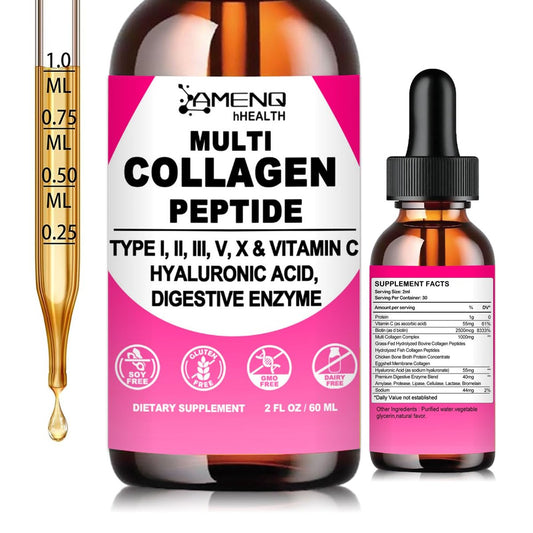 Multi-Kollagen-Peptid-Liquid-Tropfen für Frauen & Männer, Hydrolysierte Kollagenpeptide Typ (I, II, III, V, X) Proteinkomplex mit Hyaluronsäure, Biotin & Vitamin C, Unterstützt Haut, Haare, Gelenke & Darmgesundheit
