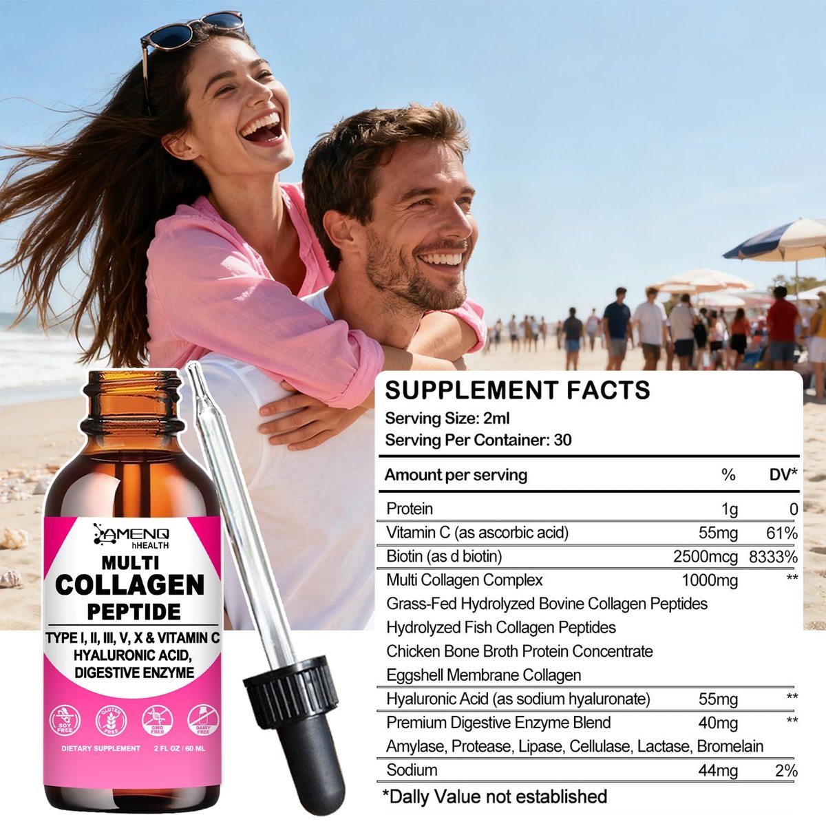 Multi-Kollagen-Peptid-Liquid-Tropfen für Frauen & Männer, Hydrolysierte Kollagenpeptide Typ (I, II, III, V, X) Proteinkomplex mit Hyaluronsäure, Biotin & Vitamin C, Unterstützt Haut, Haare, Gelenke & Darmgesundheit