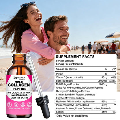 Multi-Kollagen-Peptid-Liquid-Tropfen für Frauen & Männer, Hydrolysierte Kollagenpeptide Typ (I, II, III, V, X) Proteinkomplex mit Hyaluronsäure, Biotin & Vitamin C, Unterstützt Haut, Haare, Gelenke & Darmgesundheit