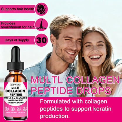 Multi-Kollagen-Peptid-Liquid-Tropfen für Frauen & Männer, Hydrolysierte Kollagenpeptide Typ (I, II, III, V, X) Proteinkomplex mit Hyaluronsäure, Biotin & Vitamin C, Unterstützt Haut, Haare, Gelenke & Darmgesundheit
