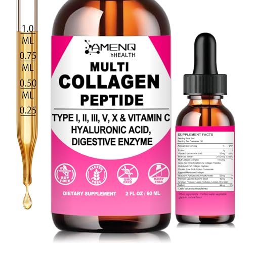 Multi-Kollagen-Peptid-Liquid-Tropfen für Frauen & Männer, Hydrolysierte Kollagenpeptide Typ (I, II, III, V, X) Proteinkomplex mit Hyaluronsäure, Biotin & Vitamin C, Unterstützt Haut, Haare, Gelenke & Darmgesundheit