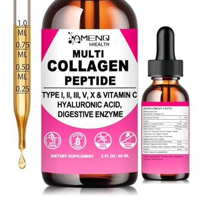 Multi-Kollagen-Peptid-Liquid-Tropfen für Frauen & Männer, Hydrolysierte Kollagenpeptide Typ (I, II, III, V, X) Proteinkomplex mit Hyaluronsäure, Biotin & Vitamin C, Unterstützt Haut, Haare, Gelenke & Darmgesundheit