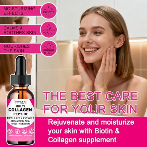 Multi-Kollagen-Peptid-Liquid-Tropfen für Frauen & Männer, Hydrolysierte Kollagenpeptide Typ (I, II, III, V, X) Proteinkomplex mit Hyaluronsäure, Biotin & Vitamin C, Unterstützt Haut, Haare, Gelenke & Darmgesundheit