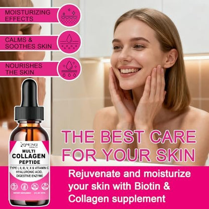 Multi-Kollagen-Peptid-Liquid-Tropfen für Frauen & Männer, Hydrolysierte Kollagenpeptide Typ (I, II, III, V, X) Proteinkomplex mit Hyaluronsäure, Biotin & Vitamin C, Unterstützt Haut, Haare, Gelenke & Darmgesundheit