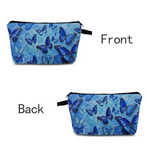 MoCaliduccious Kosmetiktasche für Frauen Klein 3D Blauer Schmetterling Accessoires Reise Toilettenorganizer Reißverschluss Beutel Geschenk für Schmetterlingsliebhaber Stylische Make-up Tasche für Handtasche