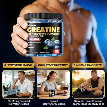 Creatine Gummis für Männer & Frauen, 5-in-1 Komplex mit Taurin, L-Carnitin, Vitamin B12 & B6 – Unterstützt Muskeln, Erholung, 5 g Creatin-Monohydrat Gummis für Pre- und Post-Workout, 120 Stück