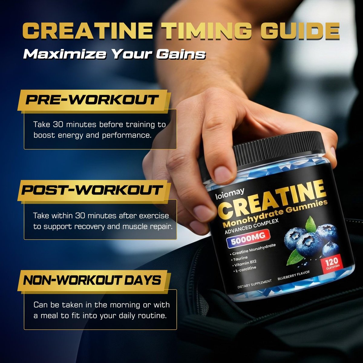 Creatine Gummis für Männer & Frauen, 5-in-1 Komplex mit Taurin, L-Carnitin, Vitamin B12 & B6 – Unterstützt Muskeln, Erholung, 5 g Creatin-Monohydrat Gummis für Pre- und Post-Workout, 120 Stück