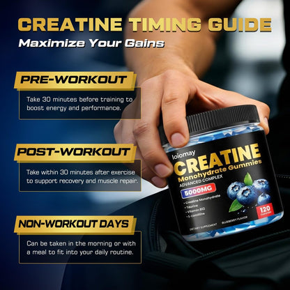 Creatine Gummis für Männer & Frauen, 5-in-1 Komplex mit Taurin, L-Carnitin, Vitamin B12 & B6 – Unterstützt Muskeln, Erholung, 5 g Creatin-Monohydrat Gummis für Pre- und Post-Workout, 120 Stück
