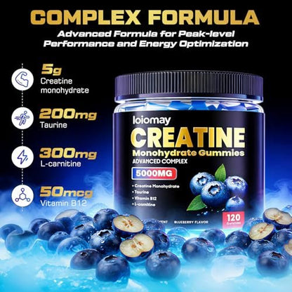 Creatine Gummis für Männer & Frauen, 5-in-1 Komplex mit Taurin, L-Carnitin, Vitamin B12 & B6 – Unterstützt Muskeln, Erholung, 5 g Creatin-Monohydrat Gummis für Pre- und Post-Workout, 120 Stück