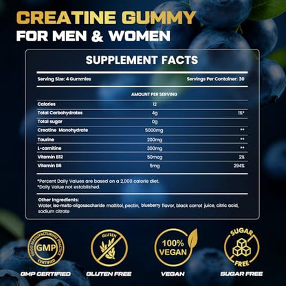 Creatine Gummis für Männer & Frauen, 5-in-1 Komplex mit Taurin, L-Carnitin, Vitamin B12 & B6 – Unterstützt Muskeln, Erholung, 5 g Creatin-Monohydrat Gummis für Pre- und Post-Workout, 120 Stück