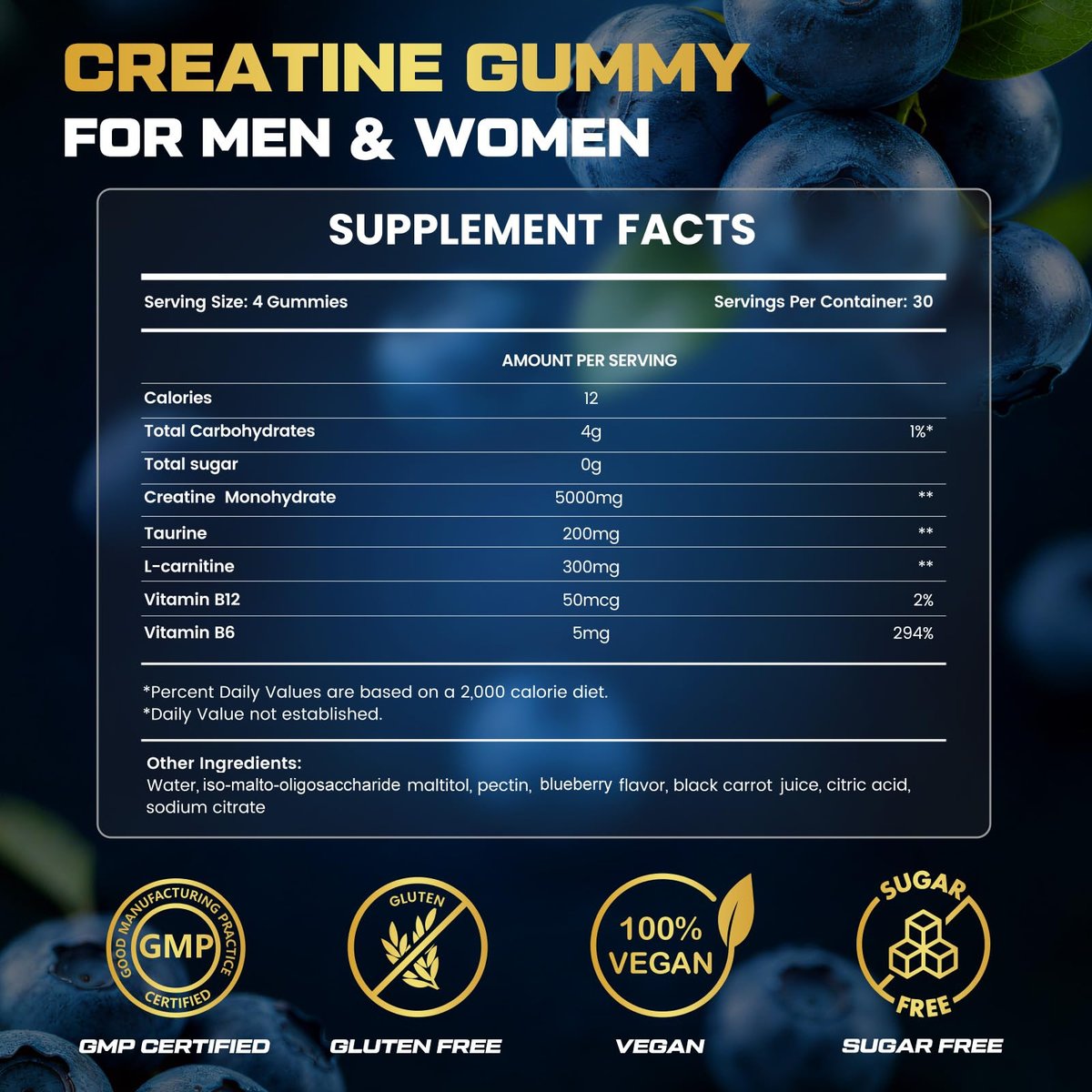 Creatine Gummis für Männer & Frauen, 5-in-1 Komplex mit Taurin, L-Carnitin, Vitamin B12 & B6 – Unterstützt Muskeln, Erholung, 5 g Creatin-Monohydrat Gummis für Pre- und Post-Workout, 120 Stück