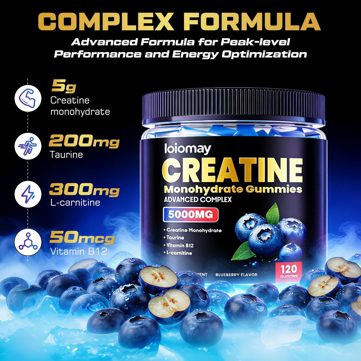 Creatine Gummis für Männer & Frauen, 5-in-1 Komplex mit Taurin, L-Carnitin, Vitamin B12 & B6 – Unterstützt Muskeln, Erholung, 5 g Creatin-Monohydrat Gummis für Pre- und Post-Workout, 120 Stück