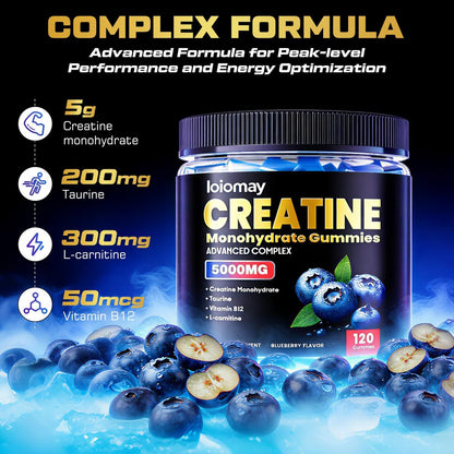 Creatine Gummis für Männer & Frauen, 5-in-1 Komplex mit Taurin, L-Carnitin, Vitamin B12 & B6 – Unterstützt Muskeln, Erholung, 5 g Creatin-Monohydrat Gummis für Pre- und Post-Workout, 120 Stück