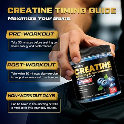 Creatine Gummis für Männer & Frauen, 5-in-1 Komplex mit Taurin, L-Carnitin, Vitamin B12 & B6 – Unterstützt Muskeln, Erholung, 5 g Creatin-Monohydrat Gummis für Pre- und Post-Workout, 120 Stück