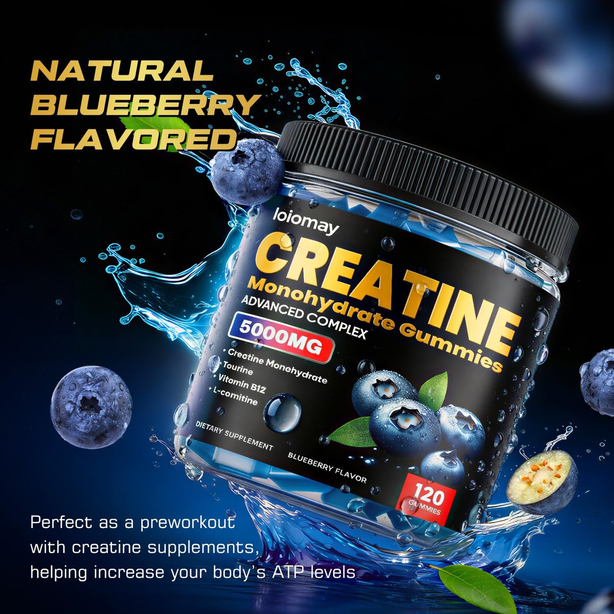 Creatine Gummis für Männer & Frauen, 5-in-1 Komplex mit Taurin, L-Carnitin, Vitamin B12 & B6 – Unterstützt Muskeln, Erholung, 5 g Creatin-Monohydrat Gummis für Pre- und Post-Workout, 120 Stück