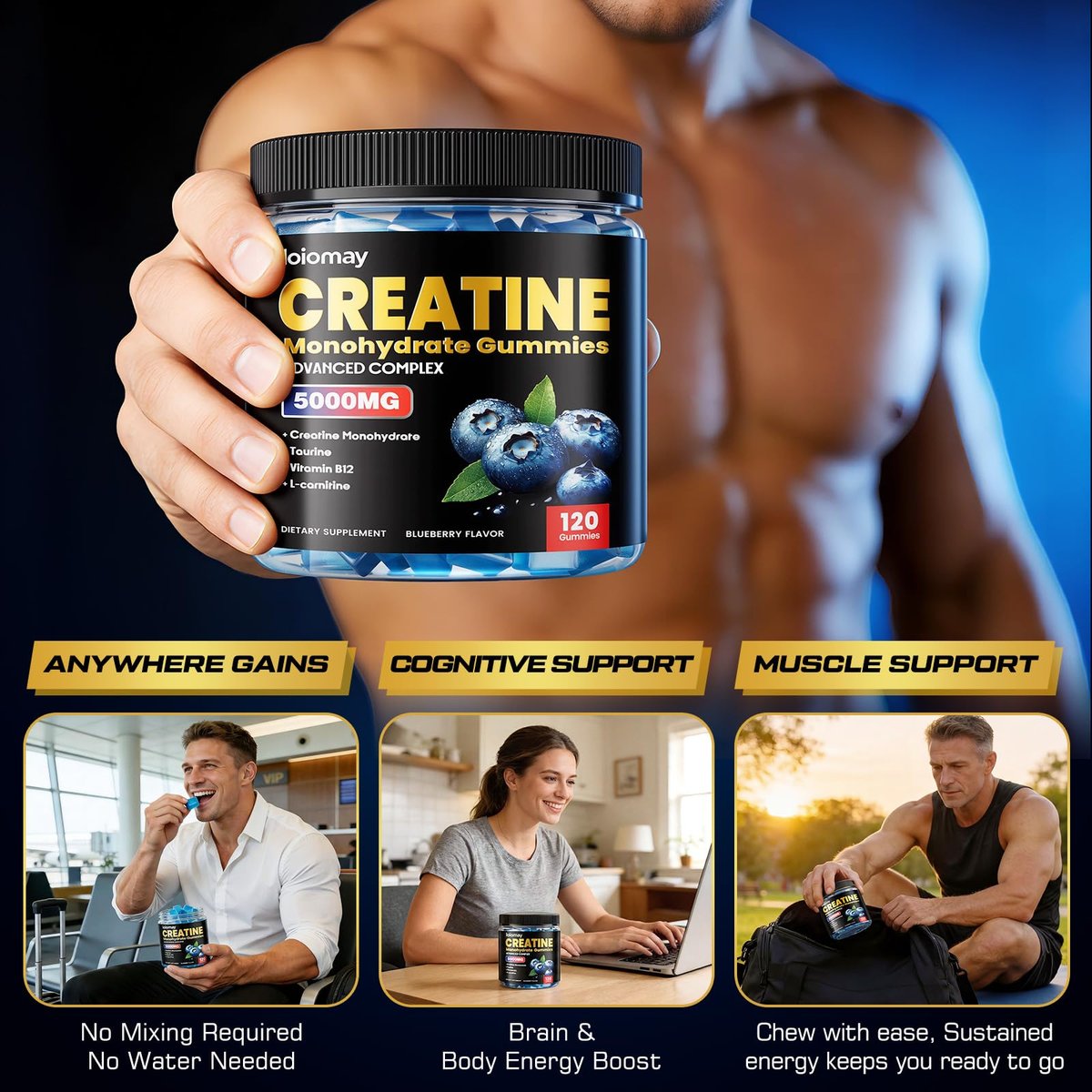 Creatine Gummis für Männer & Frauen, 5-in-1 Komplex mit Taurin, L-Carnitin, Vitamin B12 & B6 – Unterstützt Muskeln, Erholung, 5 g Creatin-Monohydrat Gummis für Pre- und Post-Workout, 120 Stück