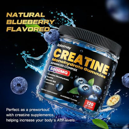 Creatine Gummis für Männer & Frauen, 5-in-1 Komplex mit Taurin, L-Carnitin, Vitamin B12 & B6 – Unterstützt Muskeln, Erholung, 5 g Creatin-Monohydrat Gummis für Pre- und Post-Workout, 120 Stück