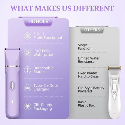 HOHOLE 5-in-1 Bikini Trimmer für Frauen, IPX7 wasserdichter elektrischer Rasierer, kabelloser Körperhaartrimmer, Gesichts- & Schamhaarentfernung, Keramikklinge (Lila)