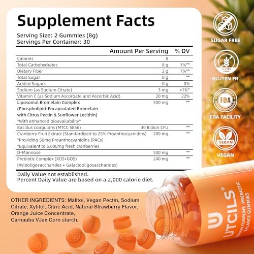 Liposomale Premium Feminine Balance Gummies, Fortgeschrittene Probiotika für Frauen mit Bromelain & Cranberry PACs - Dreifach gezielte pH-Balance, 30 Mrd. KBE, haltbar, zuckerfrei, 60 Stück
