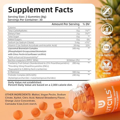 Liposomale Premium Feminine Balance Gummies, Fortgeschrittene Probiotika für Frauen mit Bromelain & Cranberry PACs - Dreifach gezielte pH-Balance, 30 Mrd. KBE, haltbar, zuckerfrei, 60 Stück