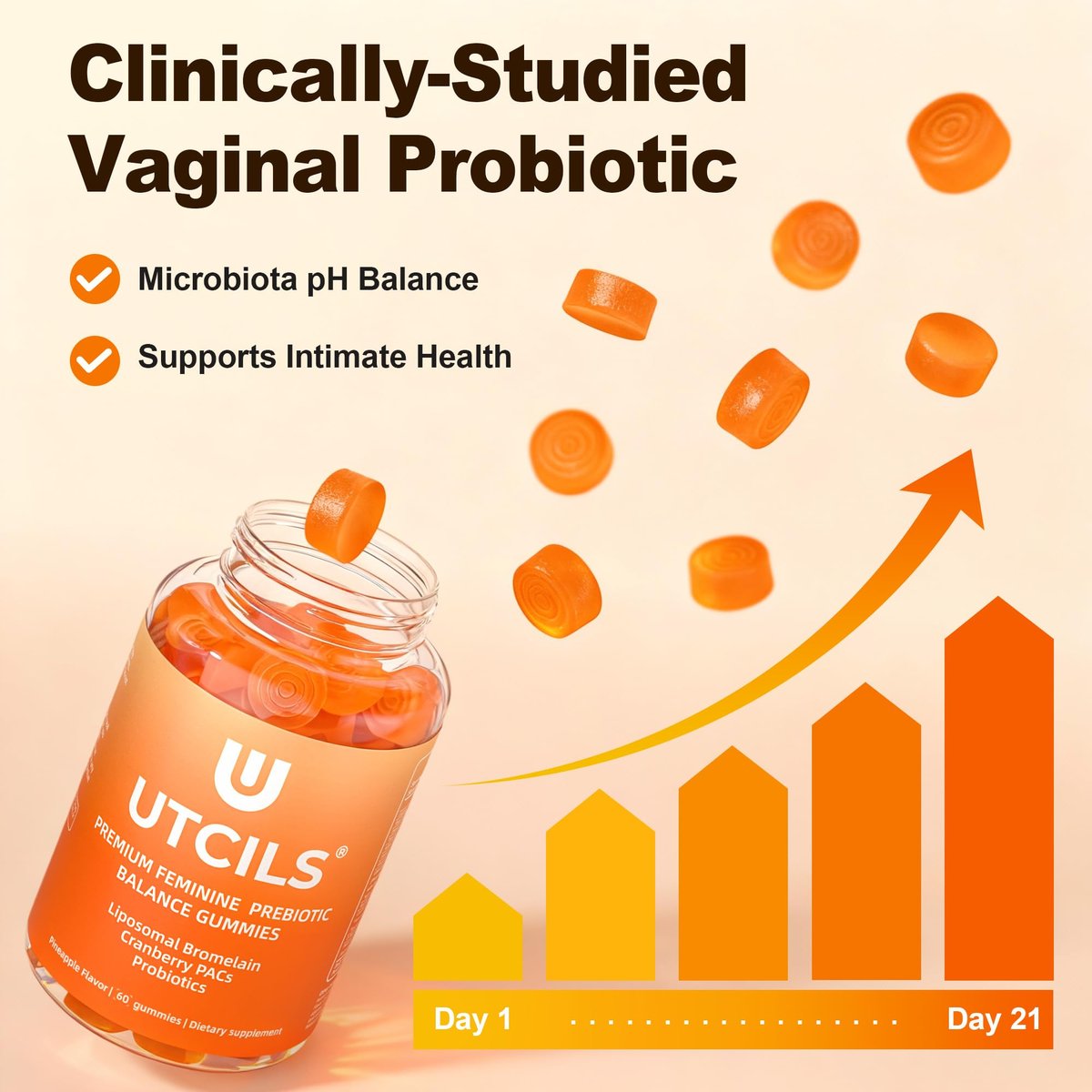 Liposomale Premium Feminine Balance Gummies, Fortgeschrittene Probiotika für Frauen mit Bromelain & Cranberry PACs - Dreifach gezielte pH-Balance, 30 Mrd. KBE, haltbar, zuckerfrei, 60 Stück