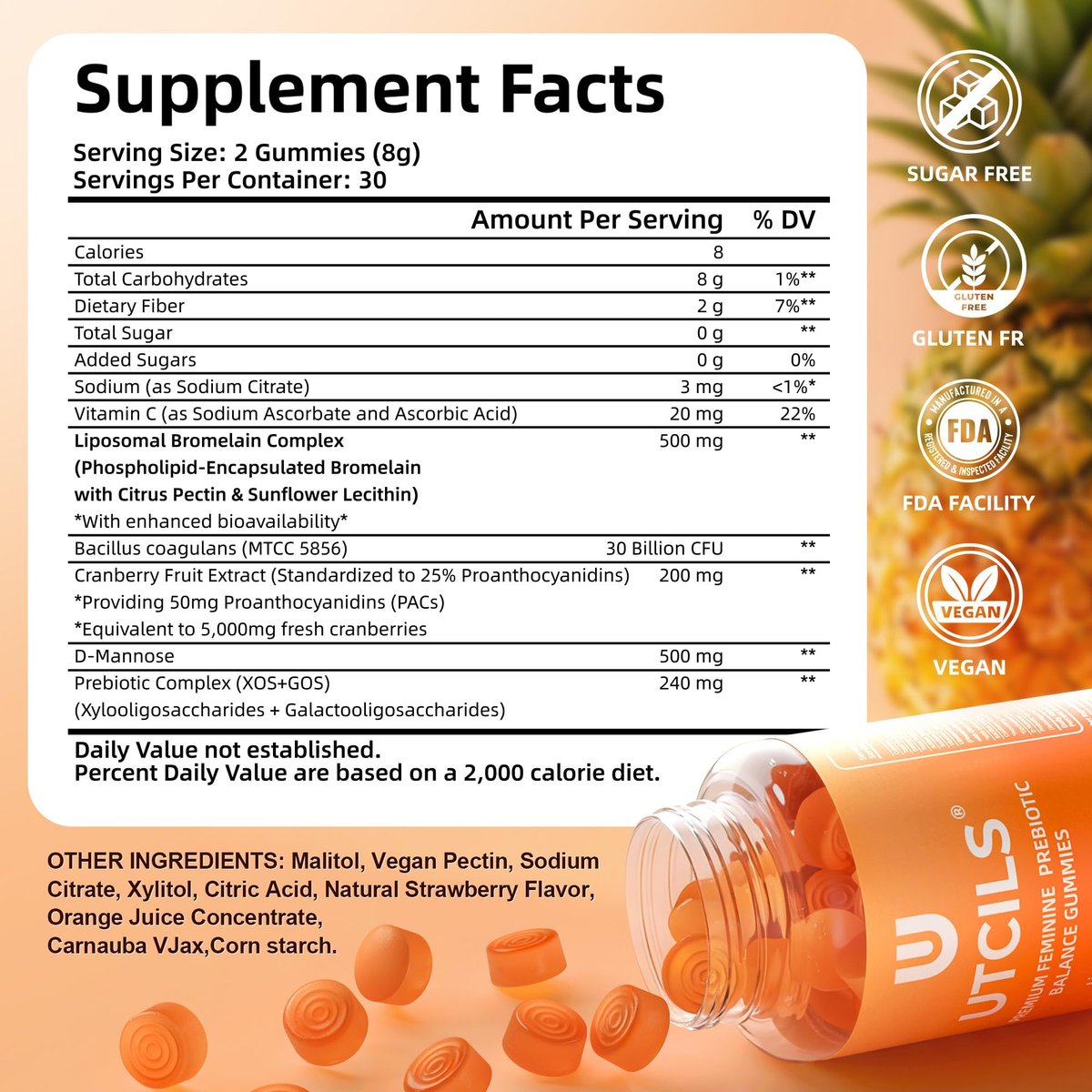 Liposomale Premium Feminine Balance Gummies, Fortgeschrittene Probiotika für Frauen mit Bromelain & Cranberry PACs - Dreifach gezielte pH-Balance, 30 Mrd. KBE, haltbar, zuckerfrei, 60 Stück