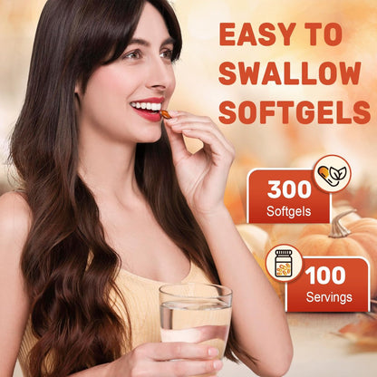 SCOLA Kürbiskernöl mit Sägepalme, 3200 mg/Portion, kaltgepresst mit essentiellen Fettsäuren & Phytosterolen, unterstützt Haar-, Immun-, Blasen- & Prostatagesundheit, Non-GMO (300 Weichkapseln)