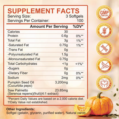 SCOLA Kürbiskernöl mit Sägepalme, 3200 mg/Portion, kaltgepresst mit essentiellen Fettsäuren & Phytosterolen, unterstützt Haar-, Immun-, Blasen- & Prostatagesundheit, Non-GMO (300 Weichkapseln)