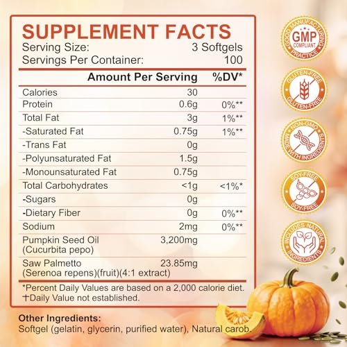 SCOLA Kürbiskernöl mit Sägepalme, 3200 mg/Portion, kaltgepresst mit essentiellen Fettsäuren & Phytosterolen, unterstützt Haar-, Immun-, Blasen- & Prostatagesundheit, Non-GMO (300 Weichkapseln)