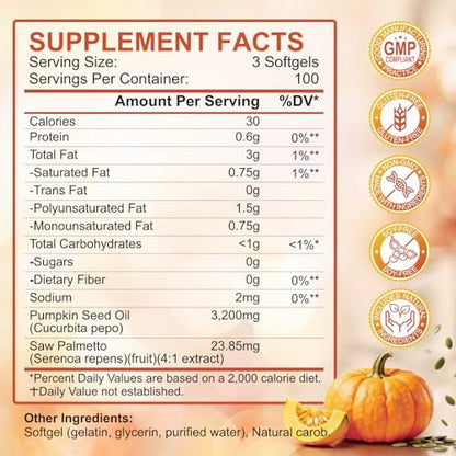SCOLA Kürbiskernöl mit Sägepalme, 3200 mg/Portion, kaltgepresst mit essentiellen Fettsäuren & Phytosterolen, unterstützt Haar-, Immun-, Blasen- & Prostatagesundheit, Non-GMO (300 Weichkapseln)