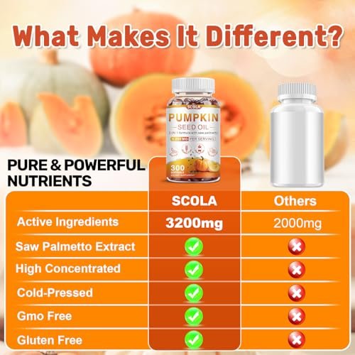 SCOLA Kürbiskernöl mit Sägepalme, 3200 mg/Portion, kaltgepresst mit essentiellen Fettsäuren & Phytosterolen, unterstützt Haar-, Immun-, Blasen- & Prostatagesundheit, Non-GMO (300 Weichkapseln)