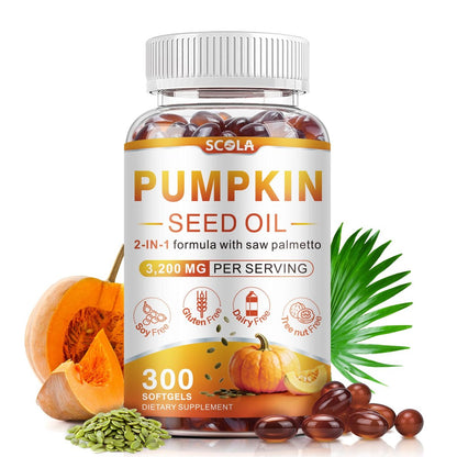 SCOLA Kürbiskernöl mit Sägepalme, 3200 mg/Portion, kaltgepresst mit essentiellen Fettsäuren & Phytosterolen, unterstützt Haar-, Immun-, Blasen- & Prostatagesundheit, Non-GMO (300 Weichkapseln)