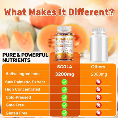 SCOLA Kürbiskernöl mit Sägepalme, 3200 mg/Portion, kaltgepresst mit essentiellen Fettsäuren & Phytosterolen, unterstützt Haar-, Immun-, Blasen- & Prostatagesundheit, Non-GMO (300 Weichkapseln)