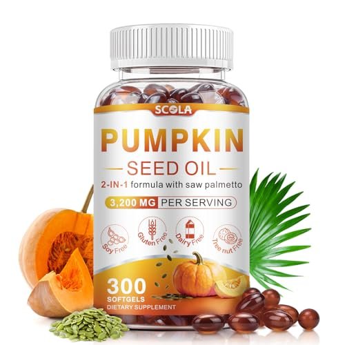 SCOLA Kürbiskernöl mit Sägepalme, 3200 mg/Portion, kaltgepresst mit essentiellen Fettsäuren & Phytosterolen, unterstützt Haar-, Immun-, Blasen- & Prostatagesundheit, Non-GMO (300 Weichkapseln)