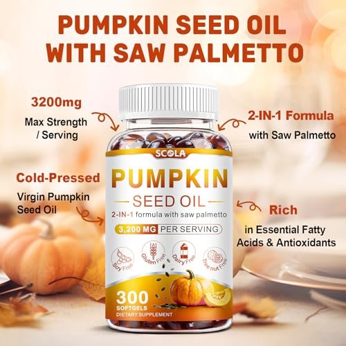 SCOLA Kürbiskernöl mit Sägepalme, 3200 mg/Portion, kaltgepresst mit essentiellen Fettsäuren & Phytosterolen, unterstützt Haar-, Immun-, Blasen- & Prostatagesundheit, Non-GMO (300 Weichkapseln)