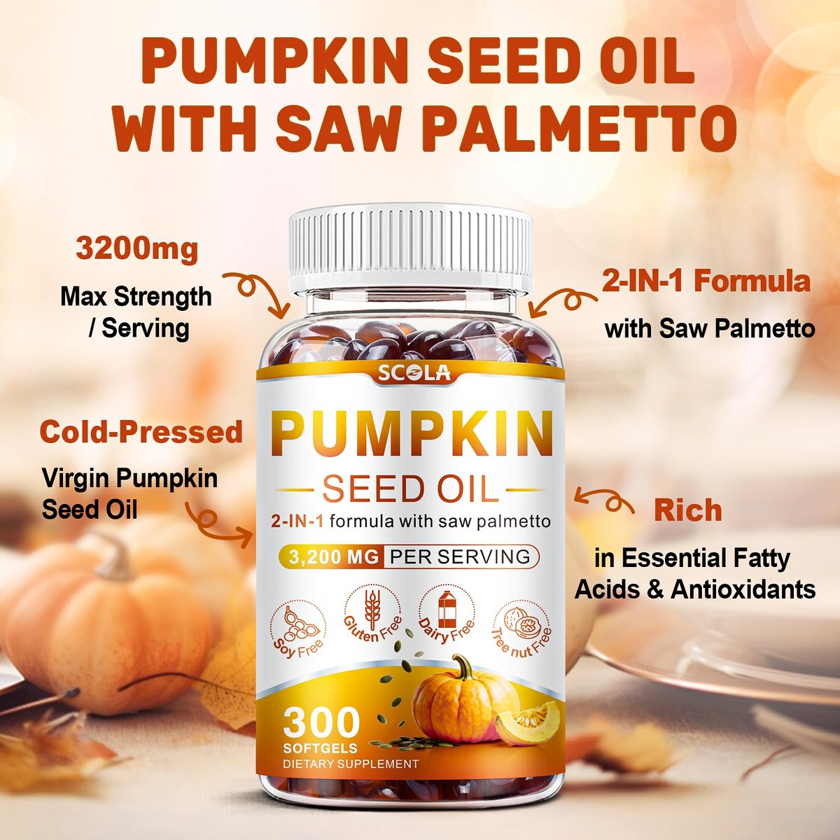 SCOLA Kürbiskernöl mit Sägepalme, 3200 mg/Portion, kaltgepresst mit essentiellen Fettsäuren & Phytosterolen, unterstützt Haar-, Immun-, Blasen- & Prostatagesundheit, Non-GMO (300 Weichkapseln)