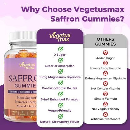Safran-Gummis für Erwachsene – 88,5 mg reiner Safran-Extrakt mit Magnesium, Ashwagandha, L-Theanin, Rhodiola, Rosmarin, Vitamin B6, B12 für Stimmung, Fokus, Ruhe, Schlaf – 60 Stück
