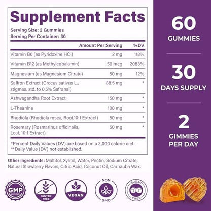 Safran-Gummis für Erwachsene – 88,5 mg reiner Safran-Extrakt mit Magnesium, Ashwagandha, L-Theanin, Rhodiola, Rosmarin, Vitamin B6, B12 für Stimmung, Fokus, Ruhe, Schlaf – 60 Stück