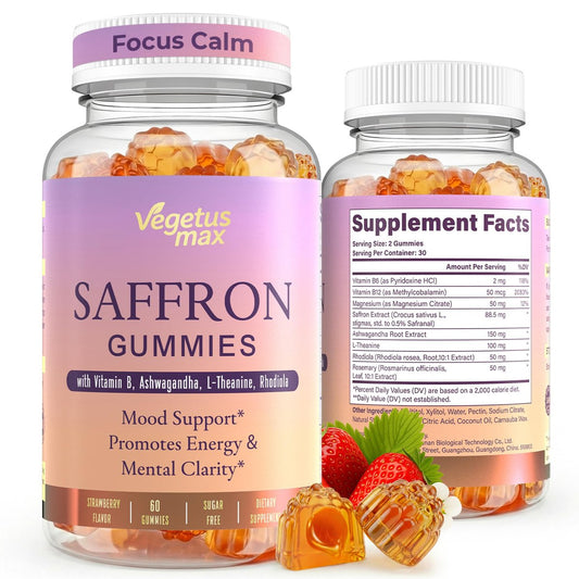 Safran-Gummis für Erwachsene – 88,5 mg reiner Safran-Extrakt mit Magnesium, Ashwagandha, L-Theanin, Rhodiola, Rosmarin, Vitamin B6, B12 für Stimmung, Fokus, Ruhe, Schlaf – 60 Stück