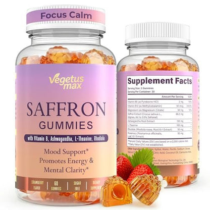 Safran-Gummis für Erwachsene – 88,5 mg reiner Safran-Extrakt mit Magnesium, Ashwagandha, L-Theanin, Rhodiola, Rosmarin, Vitamin B6, B12 für Stimmung, Fokus, Ruhe, Schlaf – 60 Stück