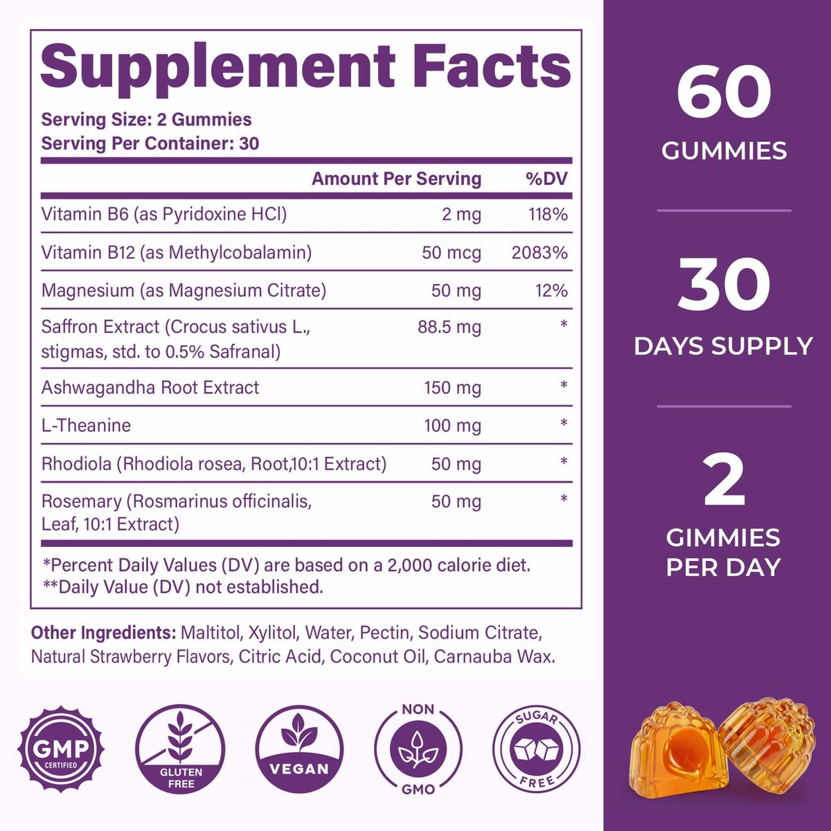 Safran-Gummis für Erwachsene – 88,5 mg reiner Safran-Extrakt mit Magnesium, Ashwagandha, L-Theanin, Rhodiola, Rosmarin, Vitamin B6, B12 für Stimmung, Fokus, Ruhe, Schlaf – 60 Stück