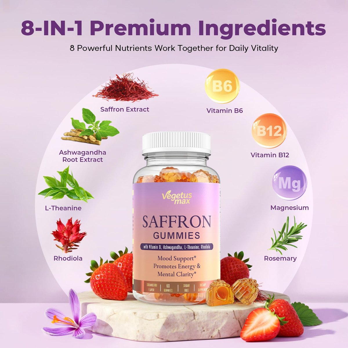 Safran-Gummis für Erwachsene – 88,5 mg reiner Safran-Extrakt mit Magnesium, Ashwagandha, L-Theanin, Rhodiola, Rosmarin, Vitamin B6, B12 für Stimmung, Fokus, Ruhe, Schlaf – 60 Stück
