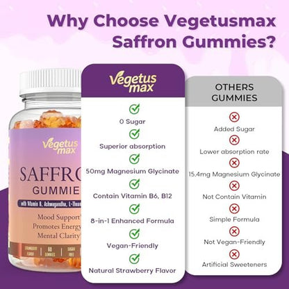 Safran-Gummis für Erwachsene – 88,5 mg reiner Safran-Extrakt mit Magnesium, Ashwagandha, L-Theanin, Rhodiola, Rosmarin, Vitamin B6, B12 für Stimmung, Fokus, Ruhe, Schlaf – 60 Stück