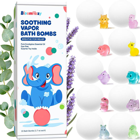 BloomFizzy Beruhigende Dampfbade-Bomben für Kinder mit Überraschungsspielzeug, Eukalyptus & Lavendel Öle, Farbstofffreie Aromatherapie Badebomben, 10er Pack