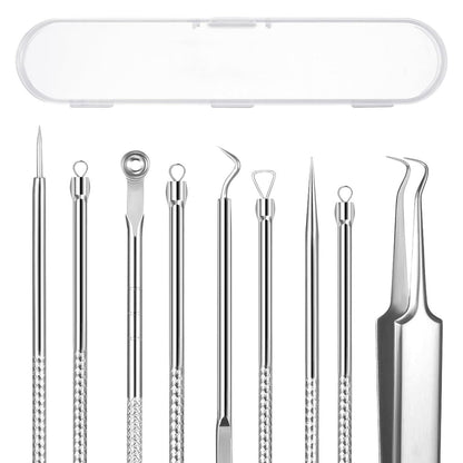 AskBed 5-teiliges Mitesser-Entferner-Set – Professionelle Edelstahl-Werkzeuge für Pickel, Akne und Hautunreinheiten – Inklusive gebogener Pinzette
