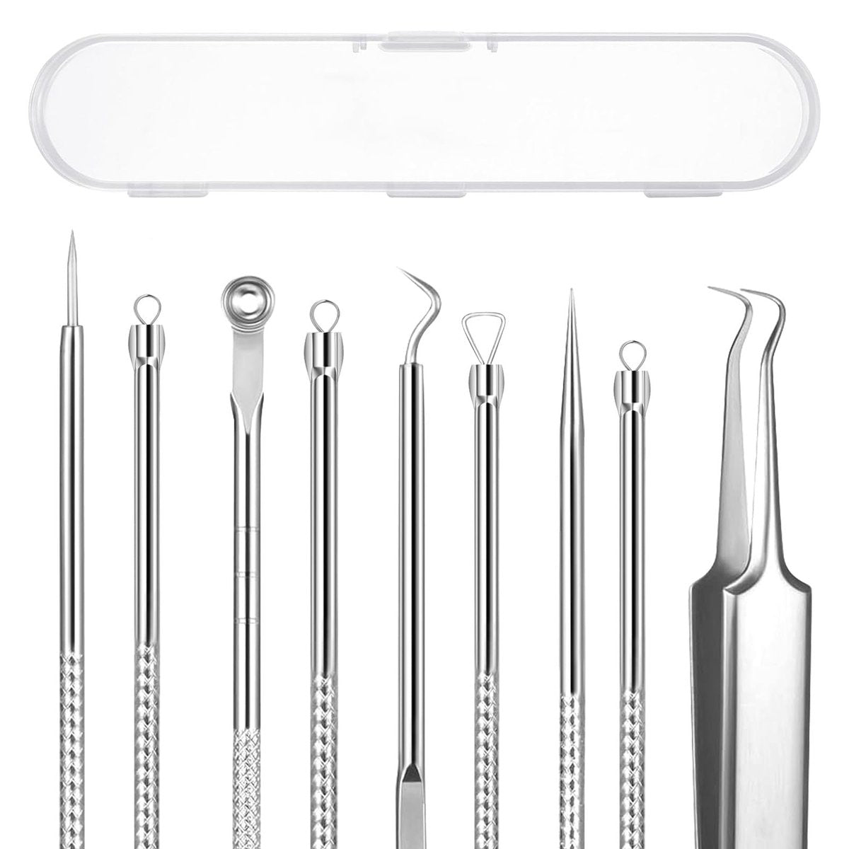 AskBed 5-teiliges Mitesser-Entferner-Set – Professionelle Edelstahl-Werkzeuge für Pickel, Akne und Hautunreinheiten – Inklusive gebogener Pinzette