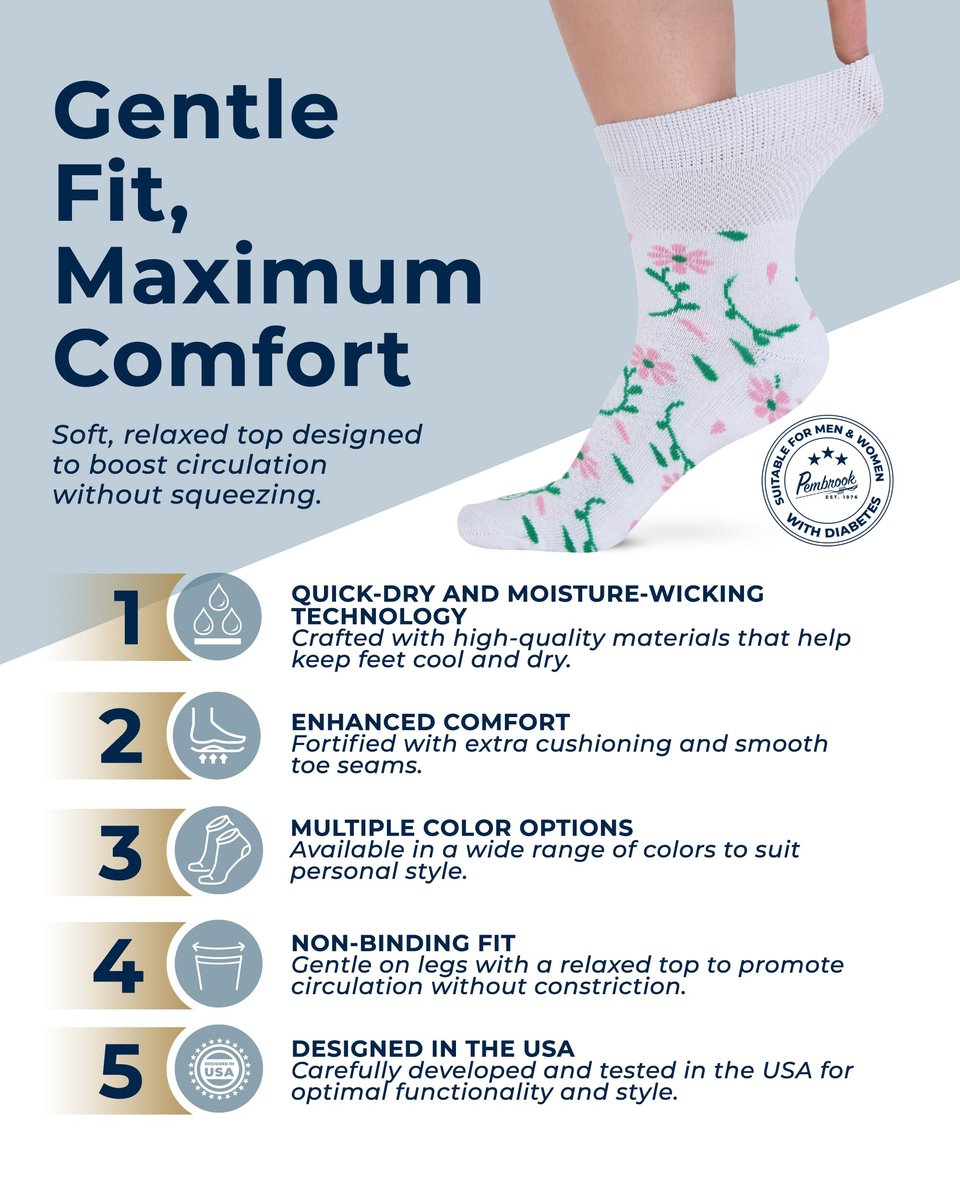 Pembrook Diabetikersocken für Damen und Herren - 6 Paare | Florales Muster | Atmungsaktive Bambusviskose | Nicht einschnürend, locker sitzend | Diabetikersocken | Damen Diabetikersocken | Ganztägiger Komfort ohne Fußbeschwerden