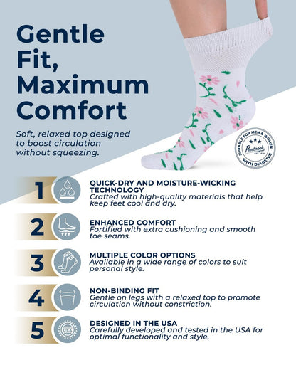 Pembrook Diabetikersocken für Damen und Herren - 6 Paare | Florales Muster | Atmungsaktive Bambusviskose | Nicht einschnürend, locker sitzend | Diabetikersocken | Damen Diabetikersocken | Ganztägiger Komfort ohne Fußbeschwerden